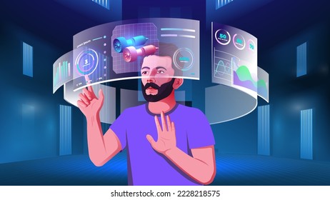 A young man exploring and visualizing the Cloud data, Blockchain, Infographics, Cryptocurrency, NFTs, Future innovations and Communication concepts with Metaverse Digital Virtual Reality Technology 