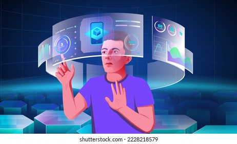 A young man exploring and visualizing the Cloud data, Blockchain, Infographics, Cryptocurrency, NFTs, Future innovations and Communication concepts with Metaverse Digital Virtual Reality Technology 