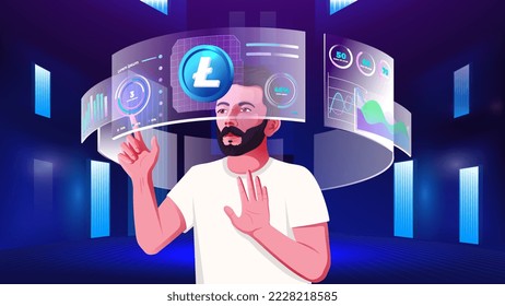 A young man exploring and visualizing the Cloud data, Blockchain, Infographics, Cryptocurrency, NFTs, Future innovations and Communication concepts with Metaverse Digital Virtual Reality Technology 