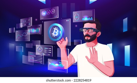 A young man exploring and visualizing the Cryptocurrency, NFTs, Blockchain, Infographics and Future Communication concepts with Metaverse Digital Augmented Reality Technology -Vector illustration