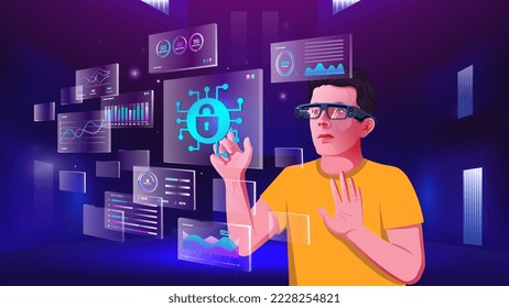 A young man exploring and visualizing the Network technology, NFTs, Blockchain, Infographics and Future Communication concepts with Metaverse Digital Augmented Reality Technology -Vector illustration
