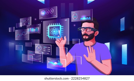 A young man exploring and visualizing the Network technology, NFTs, Blockchain, Infographics and Future Communication concepts with Metaverse Digital Augmented Reality Technology -Vector illustration