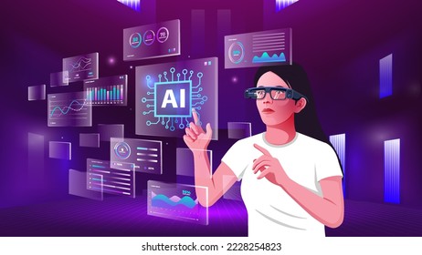 A young man exploring and visualizing the NFTs, Blockchain, Cryptocurrency, Infographics and Future Communication concepts with Metaverse Digital Augmented Reality Technology -Vector illustration