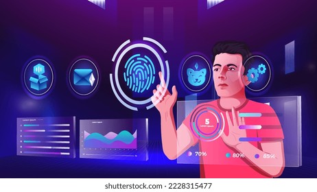 A Young Man exploring and visualizing  Virtual technology and Future innovations, and Communication concepts with Metaverse Digital Technology- Vector Design