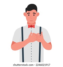 Young man expresses his positive feeling to people, keep hands on chest or heart. Vector illustration.