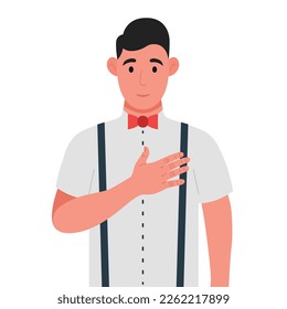 Young man expresses his positive feeling to people, keep hand on chest or heart. Vector illustration.