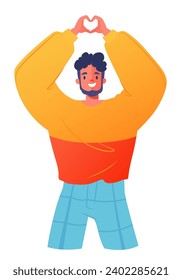 A young man expresses love with his hands, making a heart-shaped gesture with his fingers. Heart symbol. Smiling guy with a gesture of appreciation, love, sympathy. 
