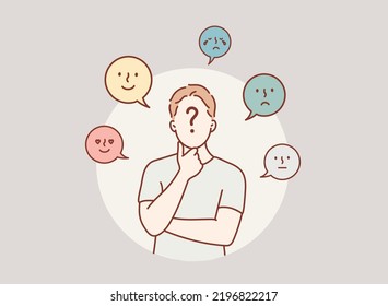 Young Man expressing different state of mood. Hand drawn style vector design illustrations.