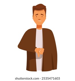 Young man expressing disapproval with a thumbs down gesture and a disappointed facial expression