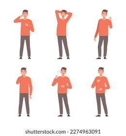 Young man expressing positive and negative emotions and gesturing set cartoon vector illustration