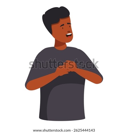 Young man expressing sincere gratitude, holding hands on chest, smiling warmly, showing appreciation and thankfulness