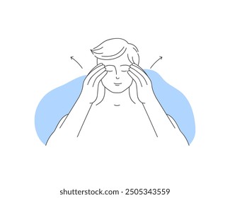 Young man with eyes closed massaging skin on temples, beauty facial massage vector illustration