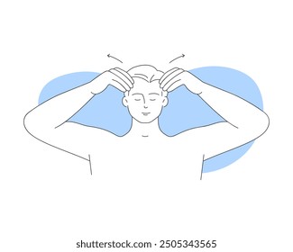 Young man with eyes closed massaging skin of forehead along massage arrows vector illustration