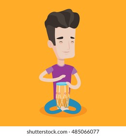 Young man with eyes closed playing ethnic drum. Caucasian mucisian playing ethnic drum. Man playing ethnic music on tom-tom. Vector flat design illustration. Square layout.