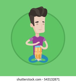 Young man with eyes closed playing ethnic drum. Caucasian mucisian playing ethnic drum. Man playing ethnic music on tom-tom. Vector flat design illustration in the circle isolated on background.