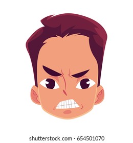 Young man face, angry facial expression, cartoon vector illustrations isolated on white background. Handsome boy frowns, feeling distresses, frustrated, sullen, upset. Angry face expression