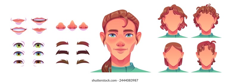 Young man face avatar construction kit with different haircuts and eyes, brows and noses, lips smile. Cartoon vector illustration set of creation generator caucasian male character head elements.