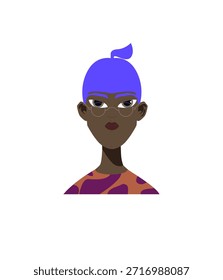 Jovem, avatar, retrato de cabeça. Personagem masculino bonito com cabelo azul. Pessoa moderna, perfil de usuário. Ilustração de vetor plano, isolada sobre fundo branco.