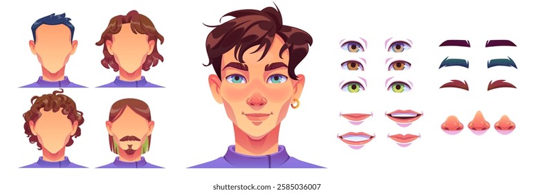 Young man face construction set isolated on white background. Vector cartoon illustration of male character avatar constructor, different color eyes, eyebrows, noses, lips and hairstyles, body parts