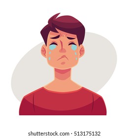 Young man face, crying facial expression, cartoon vector illustrations isolated on gray background. Handsome boy emoji crying, shedding tears, sad, heart broken, in grief.