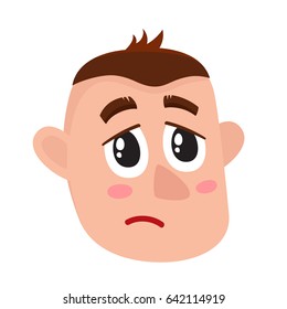 Young man face, crying facial expression, cartoon vector illustrations isolated on white background. Handsome boy emoji crying, shedding tears, sad, heart broken, in grief.