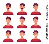 Young man face expression, set of cartoon vector illustrations isolated on white background. Handsome boy emoji face icons, human expressions, set of male avatars with different emotions