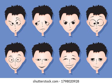 Young man face expression, set of cartoon vector illustrations isolated on white background. Handsome boy emoji face icons, human expressions, set of male avatars with different emotions