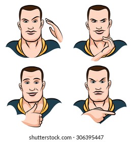 A young man face expression set drawn in cartoon style. Confidence, rage, uncertainty, slyness. Isolated on white background.