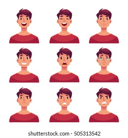 Young man face expression, set of cartoon vector illustrations isolated on white background. Handsome boy emoji face icons, human expressions, set of male avatars with different emotions