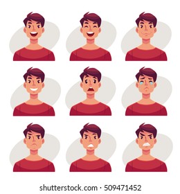 Young Man Face Expression, Set Of Cartoon Vector Illustrations Isolated On Gray Background. Handsome Boy Emoji Face Icons, Human Expressions, Set Of Male Avatars With Different Emotions