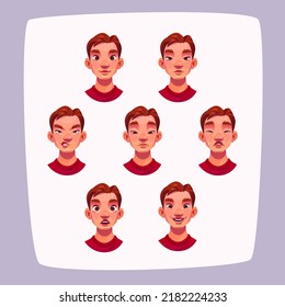 Young man face expressions, cartoon male character avatar with different emotions isolated on white background. Handsome boy emoji smile, despise, sad, crying and surprised, Vector illustration set