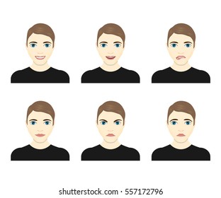 Young man face expressions composite isolated on white background. Vector illustration. Flat design. Man with different facial expressions set.