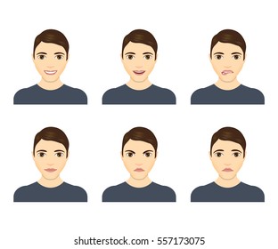 Young man face expressions composite isolated on white background. Vector illustration. Flat design. Man with different facial expressions set.