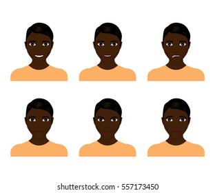 Young man face expressions composite isolated on white background. Vector illustration. Flat design. Man with different facial expressions set.