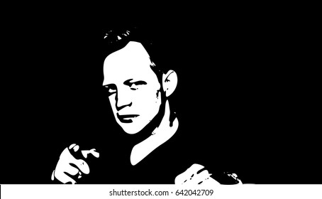 Young man face graffiti stencil and he points a finger at you. Vector art.