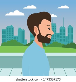 Young man face head profile cartoon on the city, urban scenery background ,vector illustration graphic design.