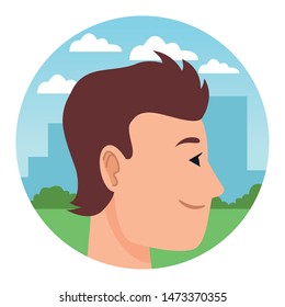 Young man face head profile cartoon in park round icon ,vector illustration graphic design.