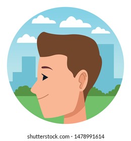 Young man face head profile cartoon in park round icon ,vector illustration graphic design.