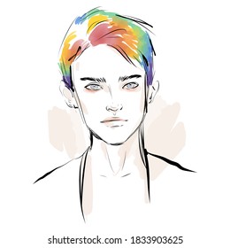 Young man face with lgbt colors symbol. Fashion illustration sketch.