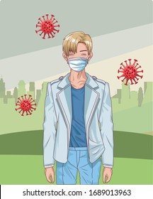 young man with face mask and covid19 particles in the field vector illustration design