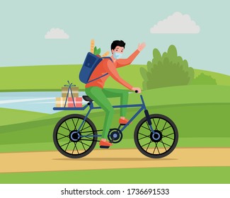 Young man in face mask riding on bicycle, deliver food and goods from supermarket vector flat cartoon concept. Non contact, online delivery by courier or volunteer during coronavirus epidemic.