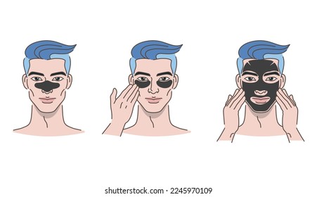 Young man with face mask, Spa and skin care for men on white background, minimalist style. Beauty body care concept. Vector design illustration.