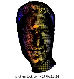 Young man face portrait. 3d greed wireframe head vector illustration