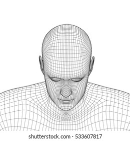 Young Man Face Portrait. 3d Wireframe Head Vector Illustration