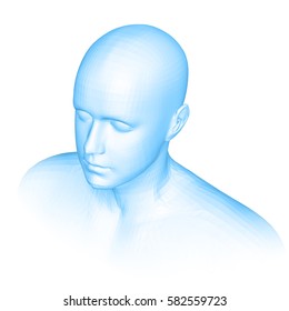 Young man face portrait. 3d head vector illustration, blue color