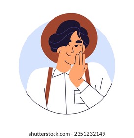 Young man, face portrait. Happy stylish Asian guy giggling, covering mouth with hand. Smiling person in hat, shy coy laugh, head avatar. Flat vector illustration isolated on white background