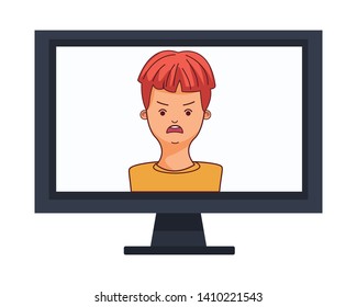 young man face readhead angry character cartoon  on computer screen vector illustration graphic design