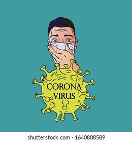 Young man face in respiratory protective mask and coronavirus cell disease. Coronavirus flu. Dangerous cases of flu. Medical health risk. Vector illustration