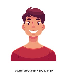 Young man face, smiling facial expression, cartoon vector illustrations isolated on white background. Handsome boy emoji with wide smile, white teeth. Happy, glad, smiling face expression