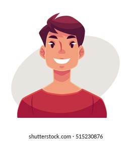 Young man face, smiling facial expression, cartoon vector illustrations isolated on gray background. Handsome boy emoji with wide smile, white teeth. Happy, glad, smiling face expression